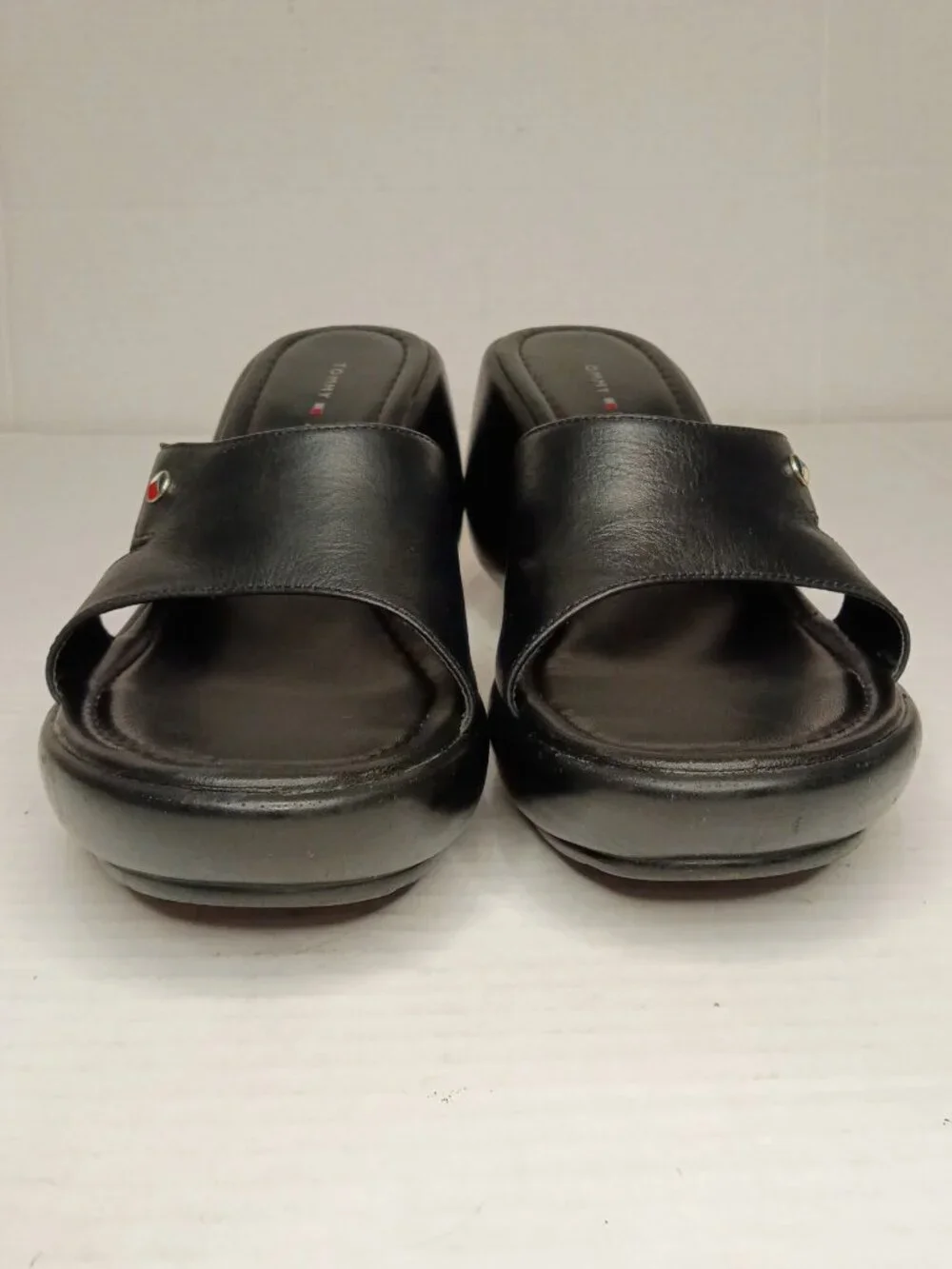 Tommy Hilfiger Black Leather Y2K Platform Wedge Slides Women’s Size 9M